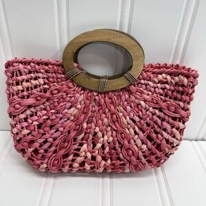 Coldwater Creek Woven Raffia Satchel Handbag Wood Handle Turquoise Green